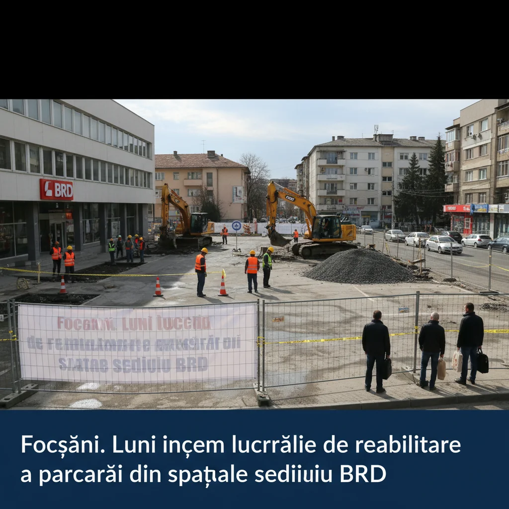 Începutul lucrărilor de renovare a parcării din vecinătatea sediului BRD, luni, la Focșani
